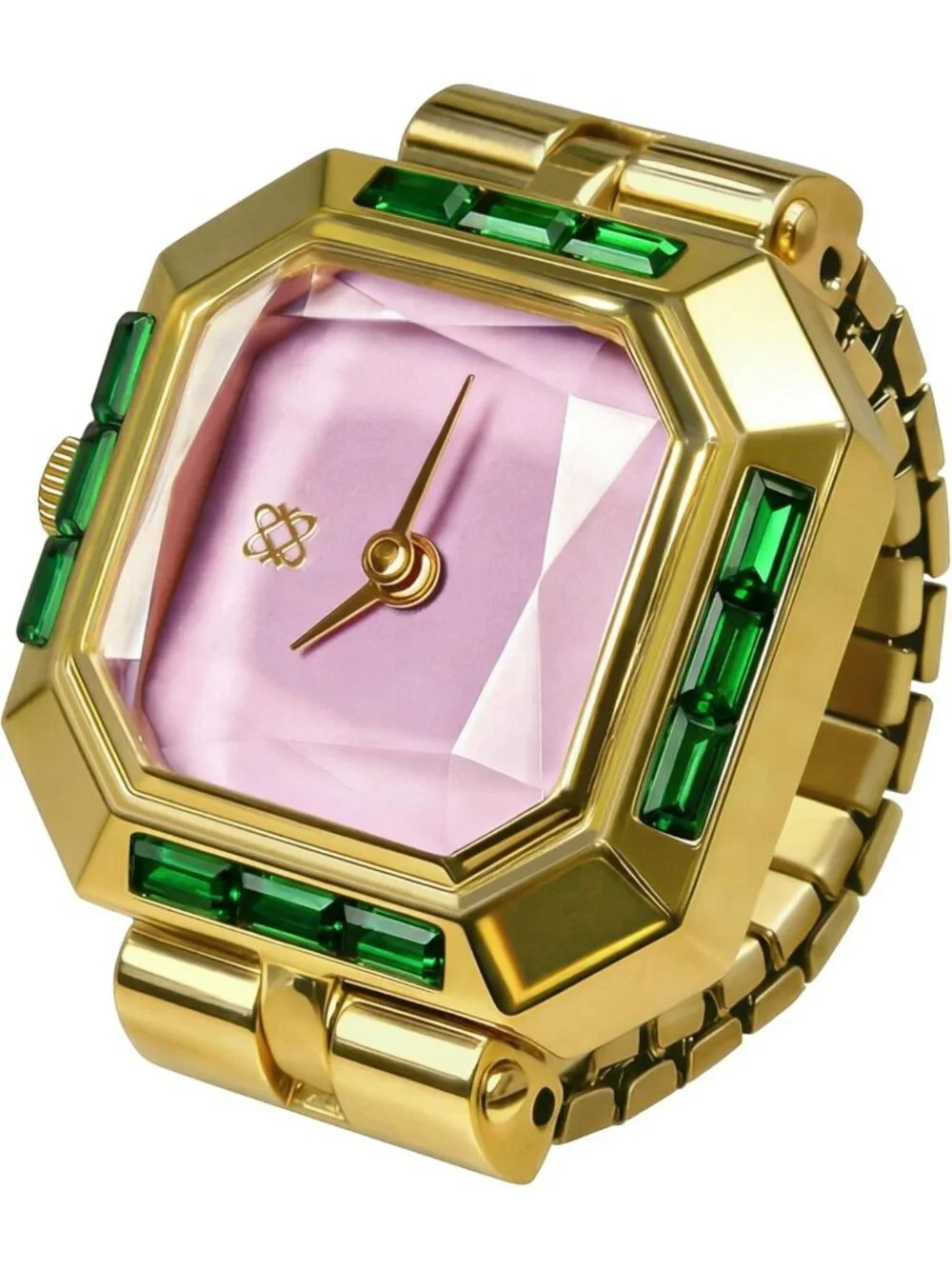 Unisex Gold Pink Analog Quartz Gem Cut Lab Grown Sofia Prism Finger Ring Watch